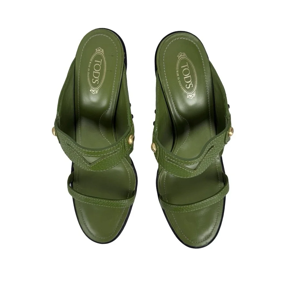 Tod's Womens EU 40.5 US 10.5 Studded High Heel Sandals Green Leather Casual